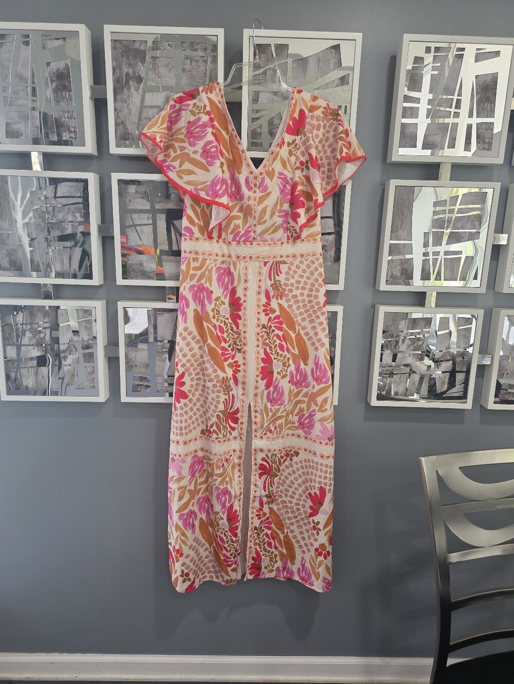 Floral V-Neck Midi Dress in Pink and Gold